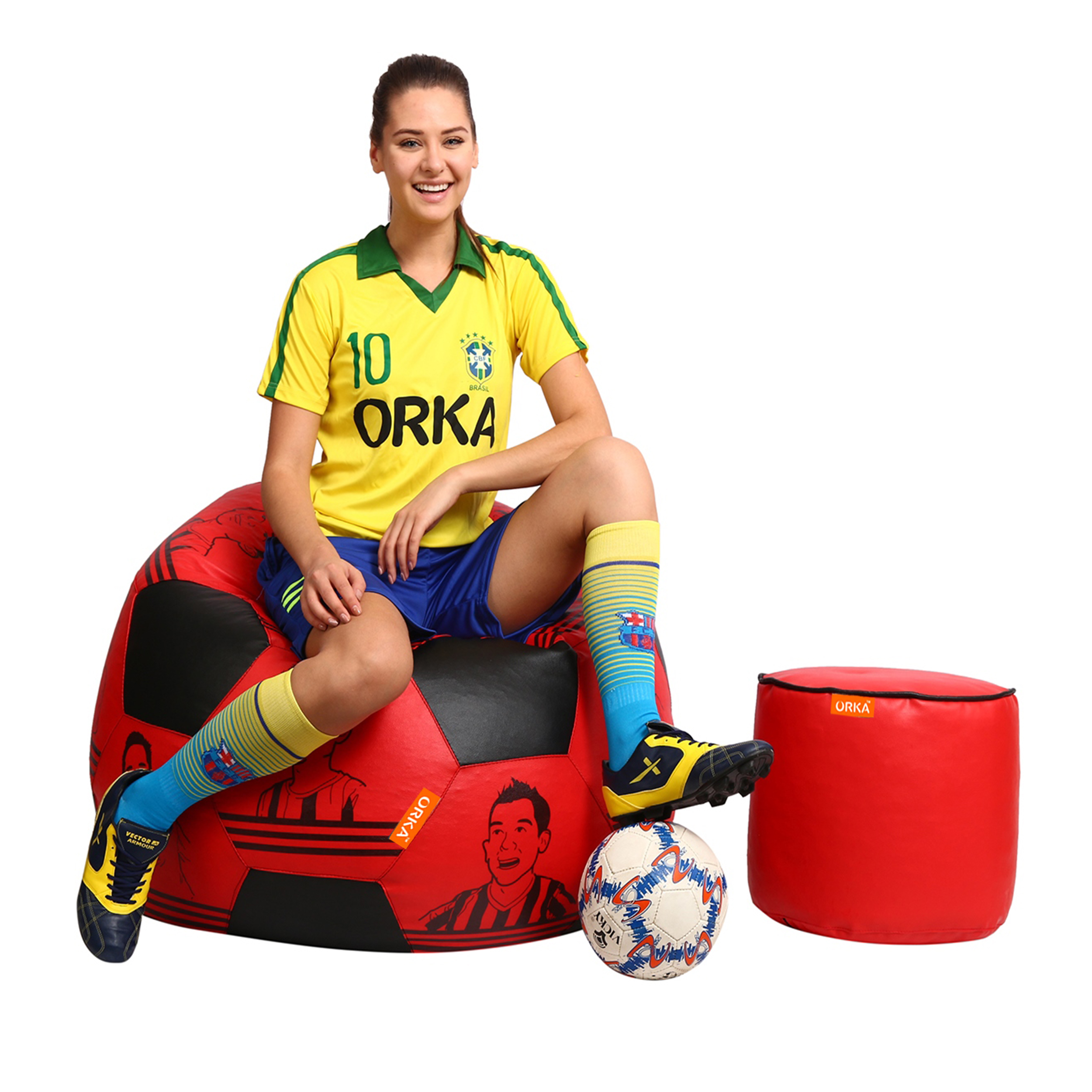 Orka Digital Printed XXL Foorball With Mathching Footstool Filled Bean Bag With Beans (FB16 Red,Black) view 4